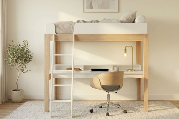 Lit mezzanine avec bureau 90x200 blanc et hêtre massif Elina