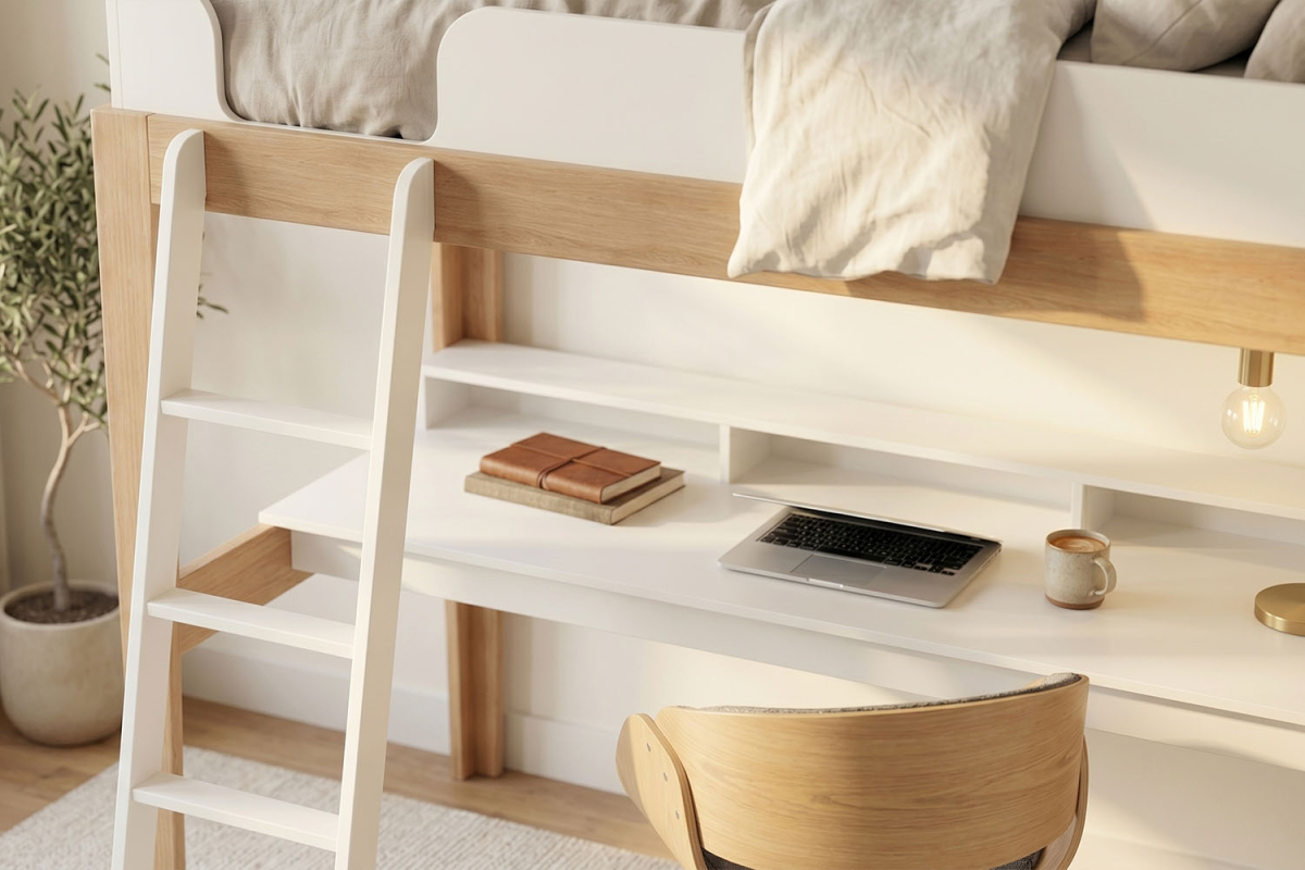 Lit mezzanine avec bureau 90x200 blanc et hêtre massif Elina
