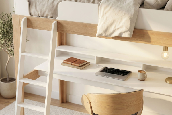 Lit mezzanine avec bureau 90x200 blanc et hêtre massif Elina