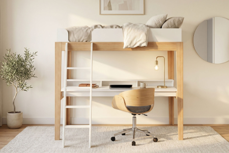Lit mezzanine avec bureau 90x200 blanc et hêtre massif Elina