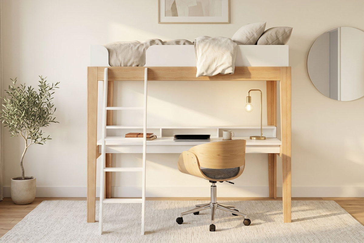 Lit mezzanine avec bureau 90x200 blanc et hêtre massif Elina