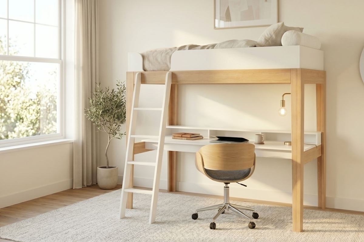 Lit mezzanine avec bureau 90x200 blanc et hêtre massif Elina