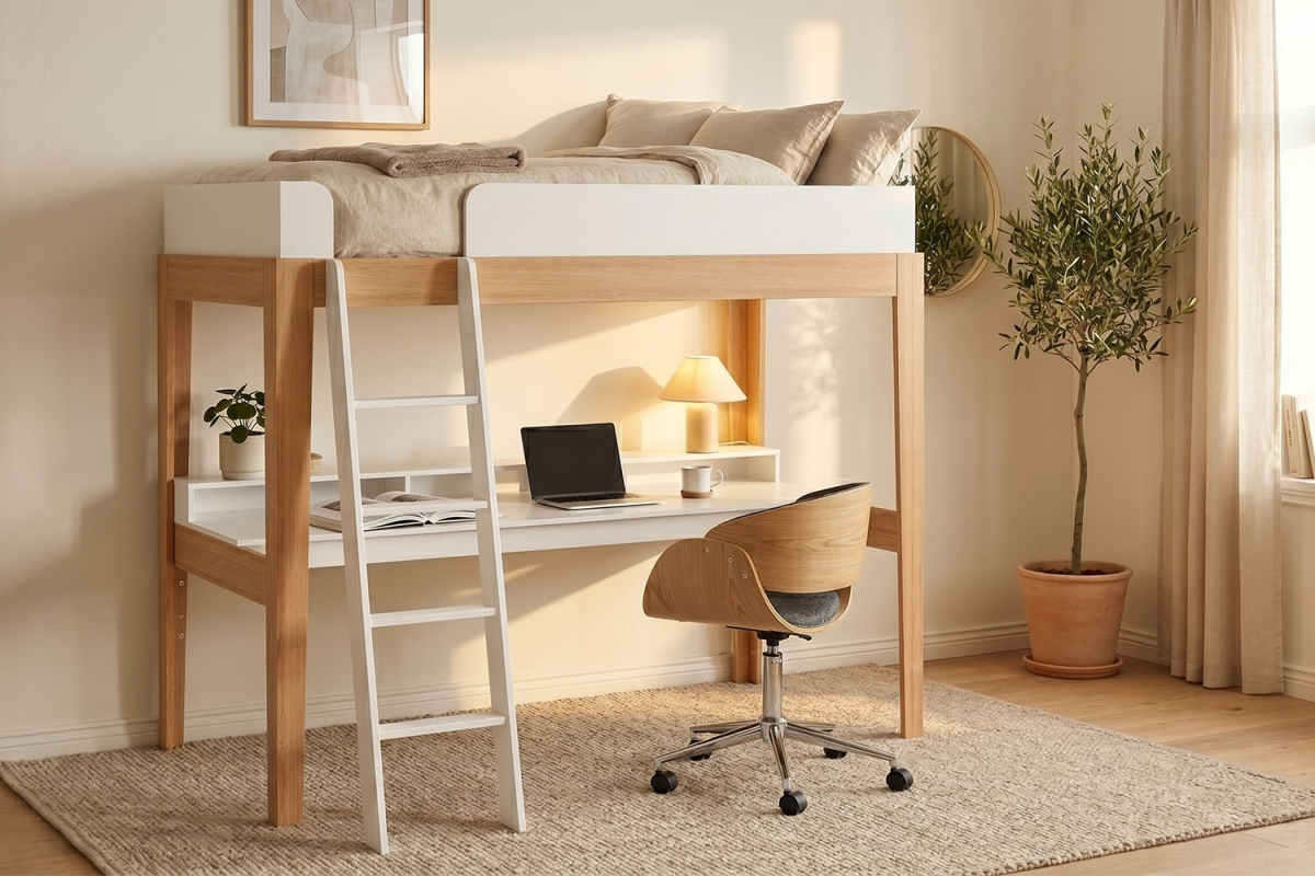 Lit mezzanine avec bureau 90x200 blanc et hêtre massif Elina