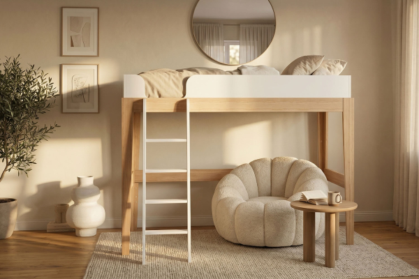 Lit mezzanine 90x200 blanc et hêtre massif Elina
