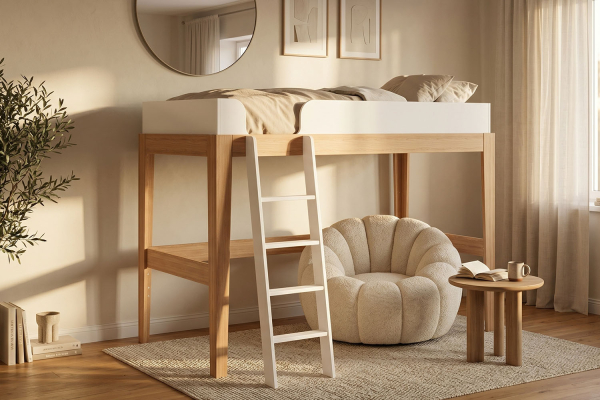 Lit mezzanine 90x200 blanc et hêtre massif Elina