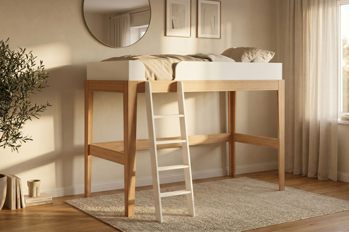 Lit mezzanine 90x200 blanc et hêtre massif Elina