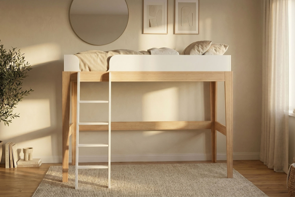 Lit mezzanine 90x200 blanc et hêtre massif Elina