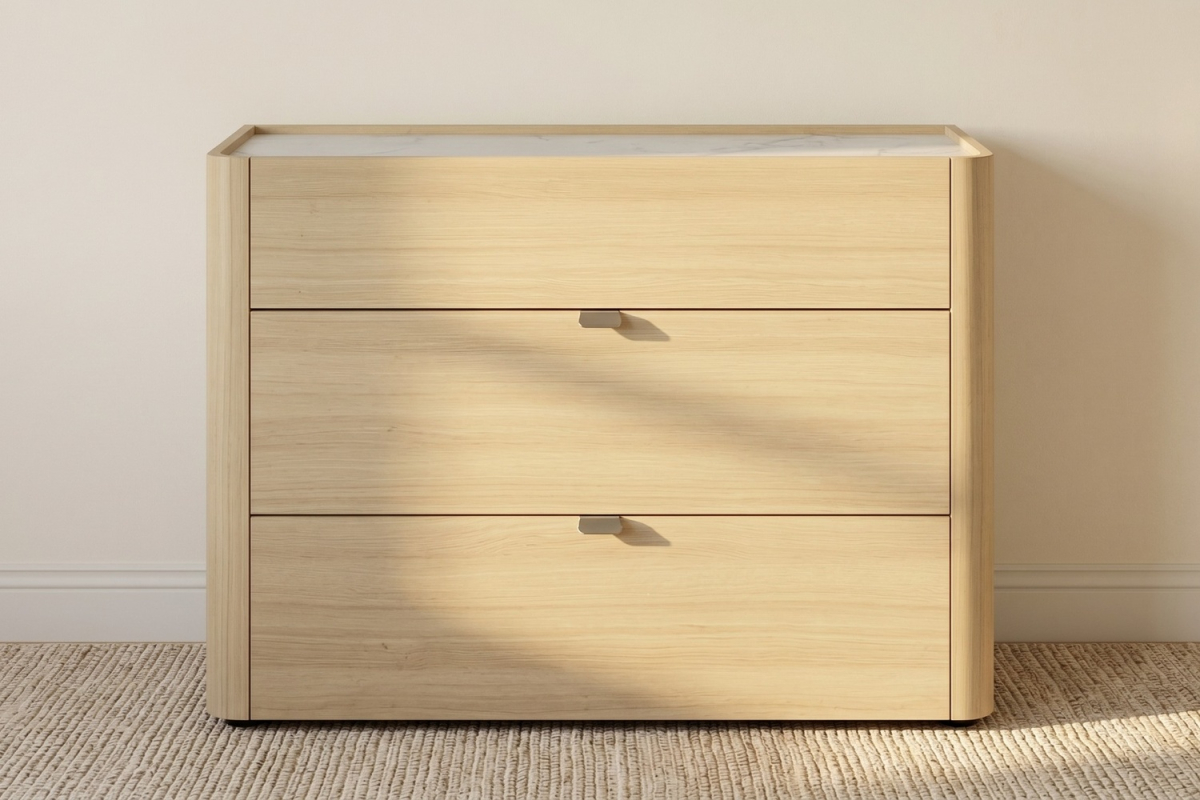 Commode 3 tiroirs Soléa bois et marbre – Rangement chambre élégant