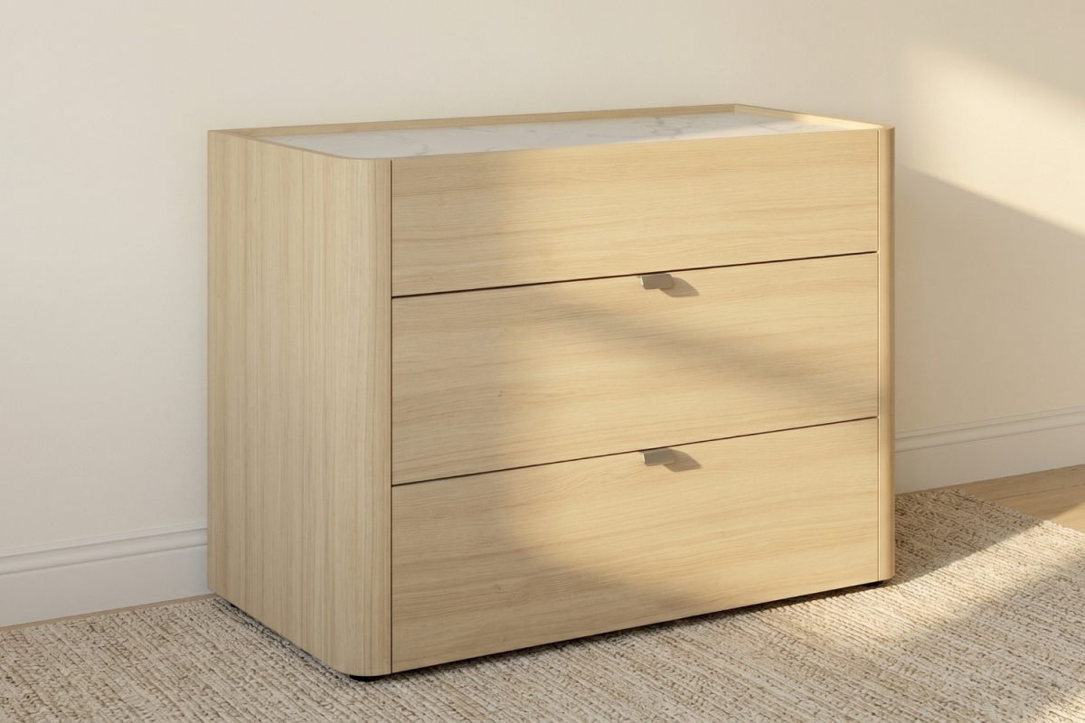 Commode 3 tiroirs Soléa bois et marbre – Rangement chambre élégant