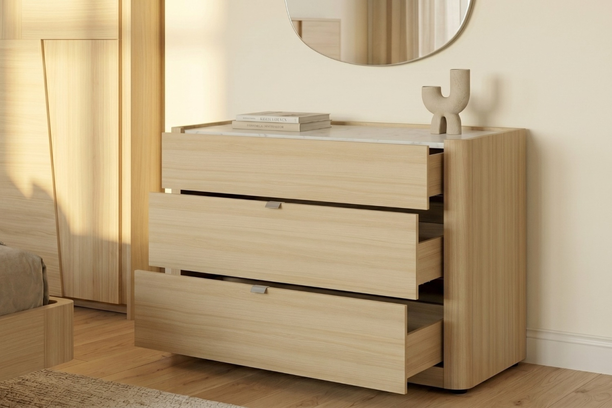 Commode 3 tiroirs Soléa bois et marbre – Rangement chambre élégant