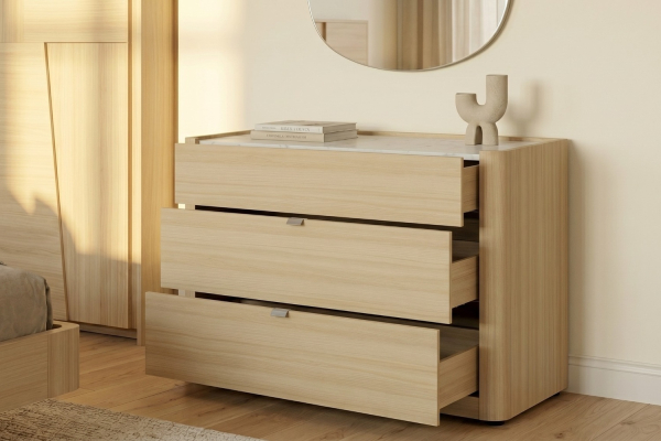 Commode 3 tiroirs Soléa bois et marbre – Rangement chambre élégant