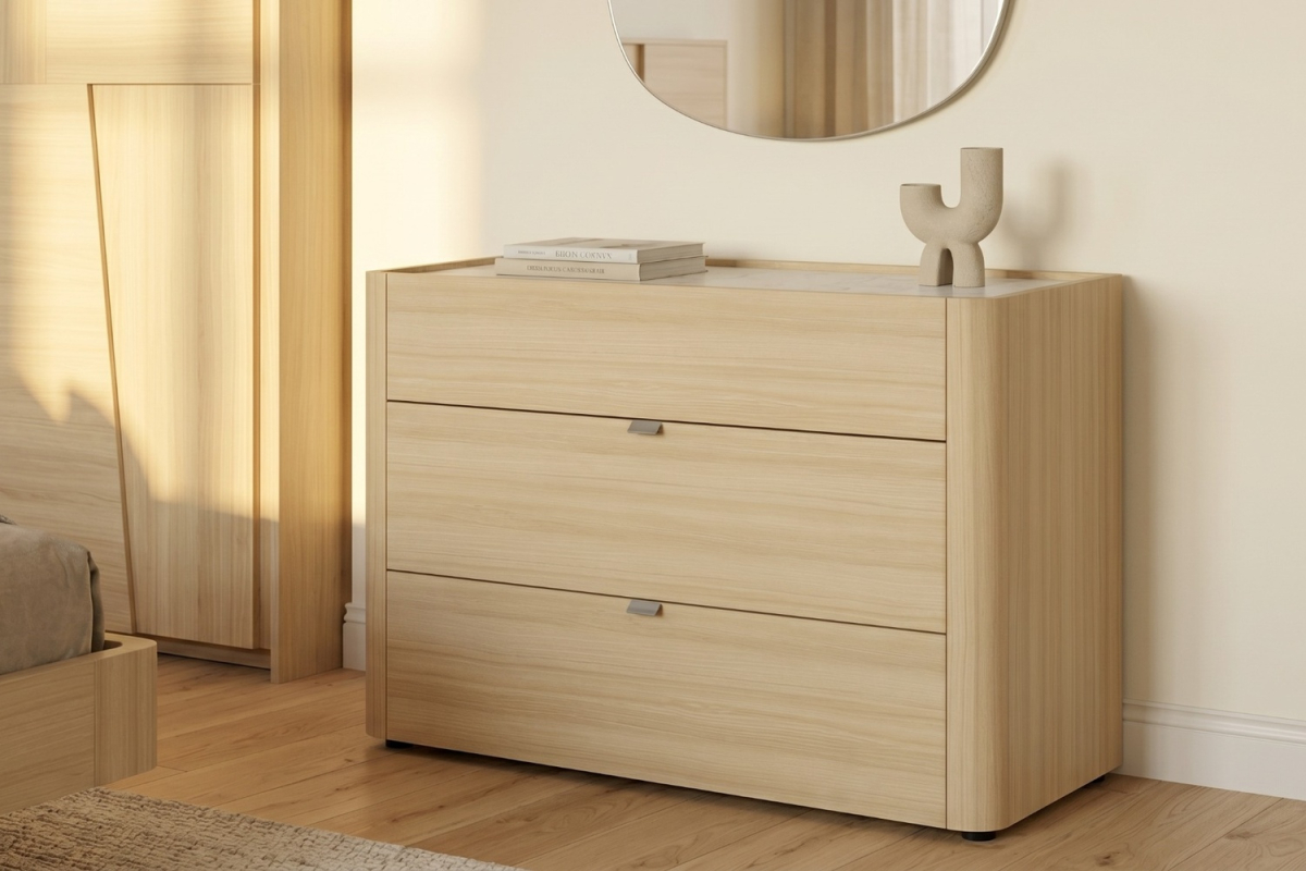Commode 3 tiroirs Soléa bois et marbre – Rangement chambre élégant