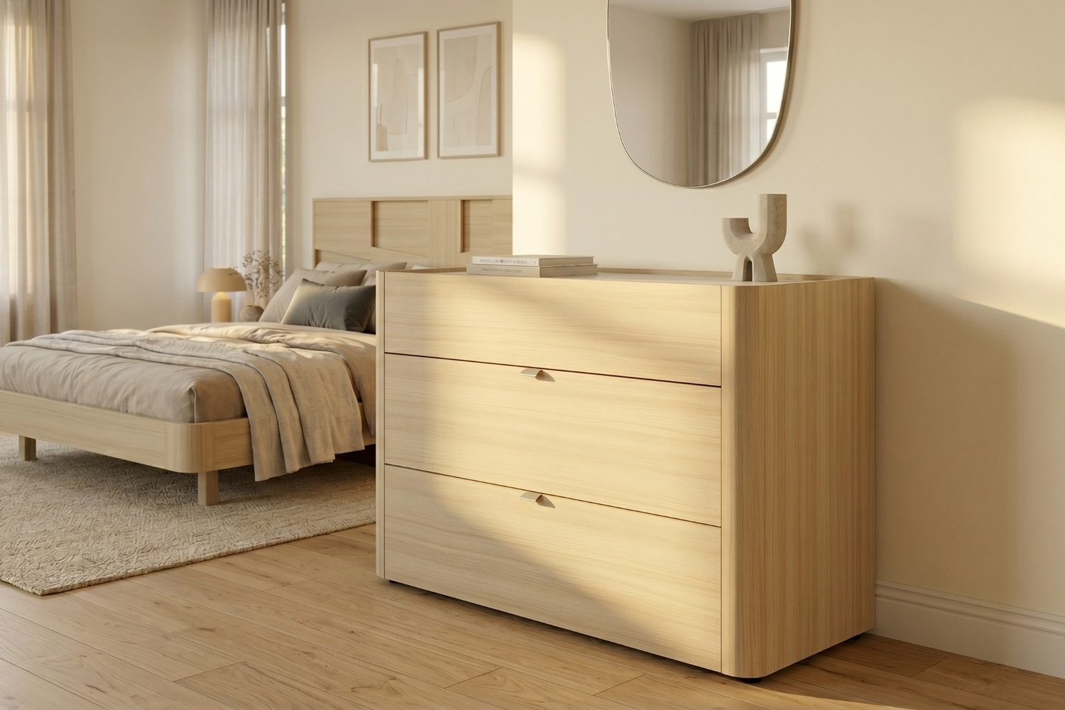 Commode 3 tiroirs Soléa bois et marbre – Rangement chambre élégant