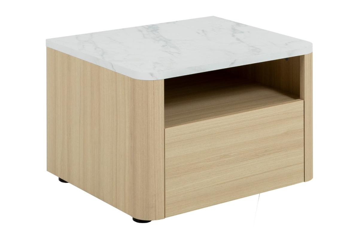 Chevet bois Soléa avec tiroir – Table de nuit chêne clair et marbre