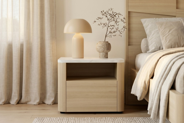 Chevet bois Soléa avec tiroir – Table de nuit chêne clair et marbre