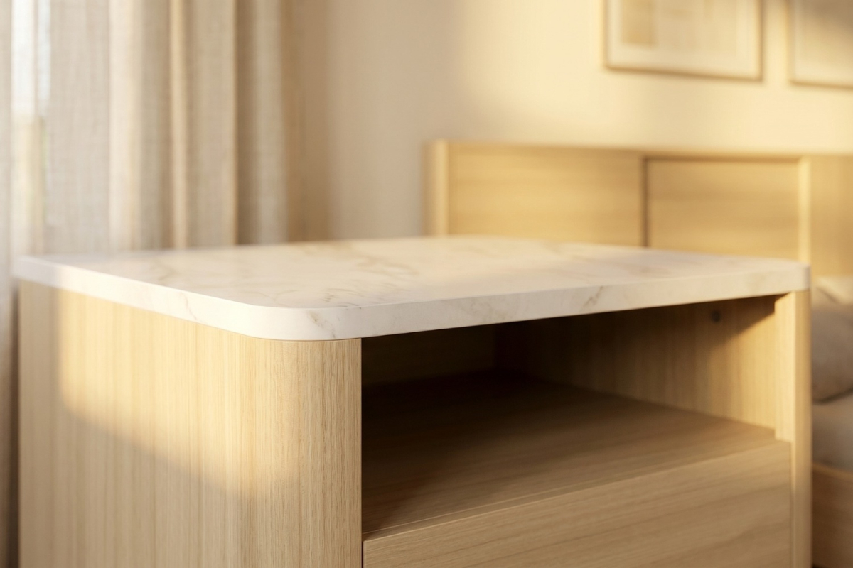 Chevet bois Soléa avec tiroir – Table de nuit chêne clair et marbre