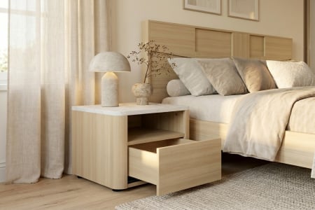 Soléa wood nightstand with drawer – Light oak-look and marble-look bedside table