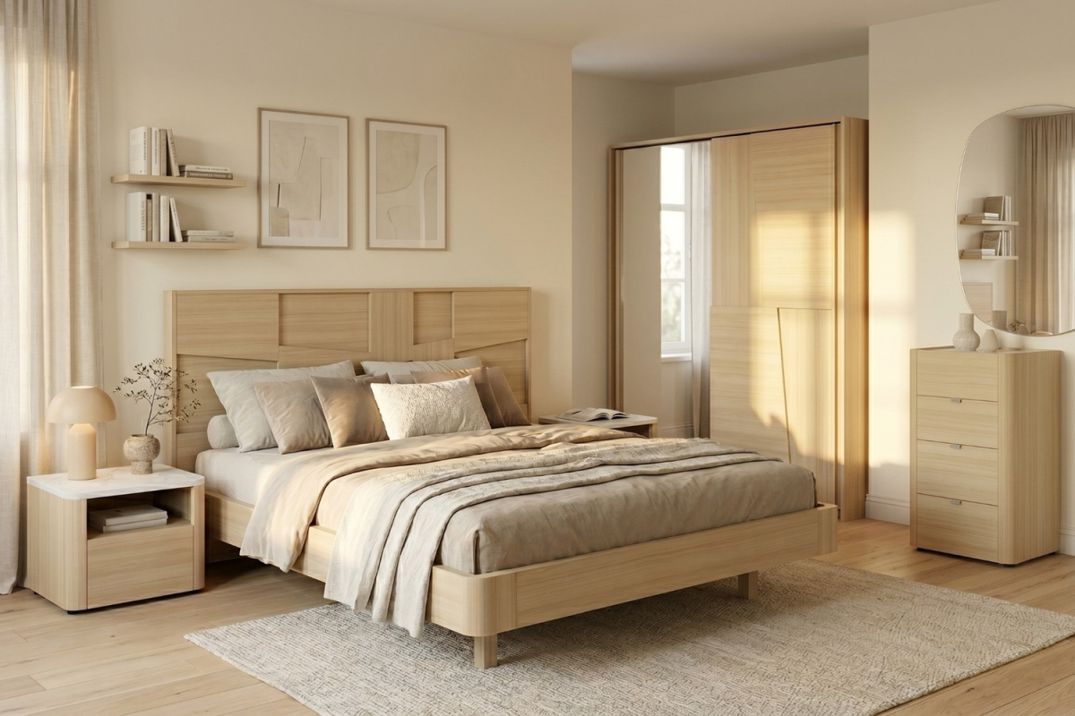 Lit Soléa en bois chêne clair – Lit design avec tête de lit moderne