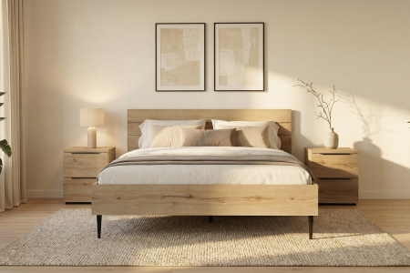 Lit Altura en bois finition chêne – Lit design avec tête de lit rainurée