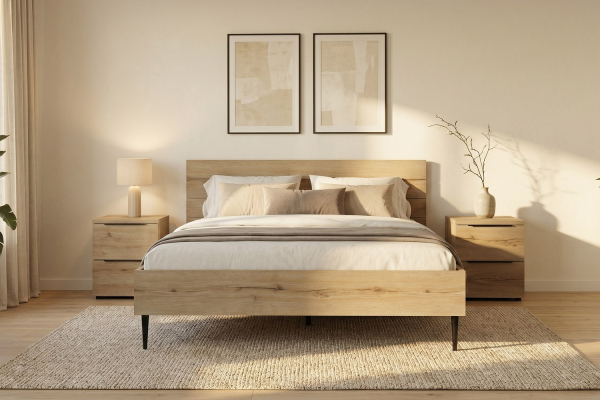 Lit Altura en bois finition chêne – Lit design avec tête de lit rainurée