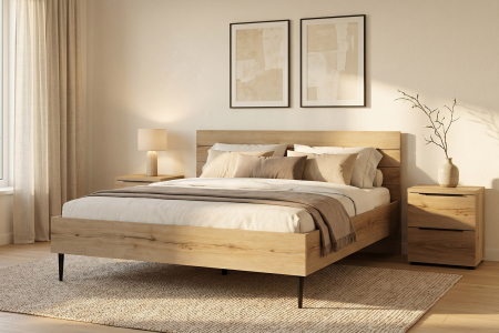 Lit Altura en bois finition chêne – Lit design avec tête de lit rainurée
