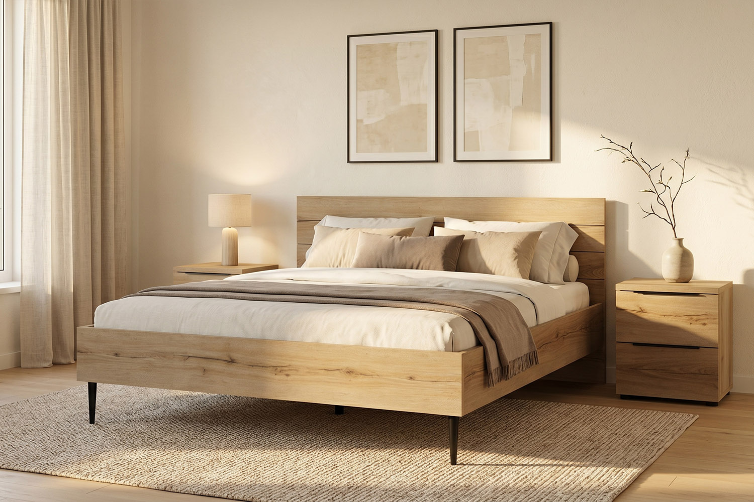 Lit Altura en bois finition chêne – Lit design avec tête de lit rainurée