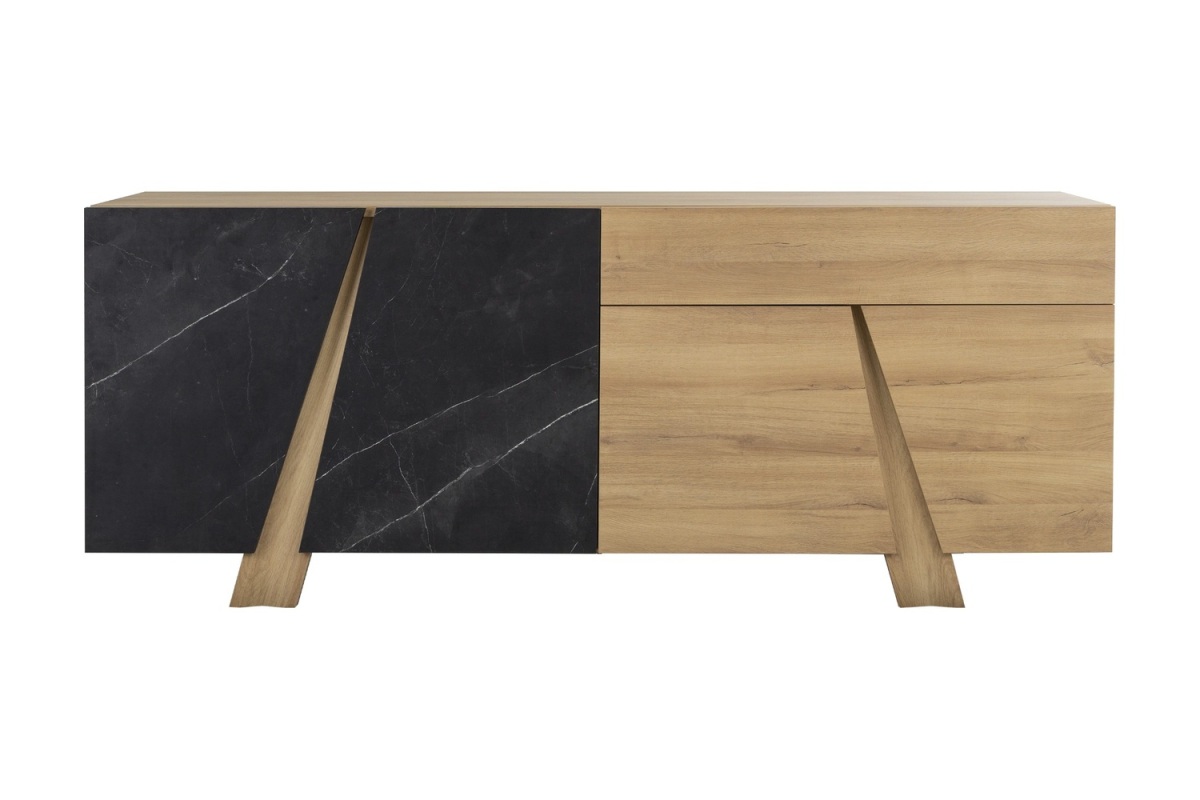 Buffet 4 portes 1 tiroir effet chêne et marbre noir design