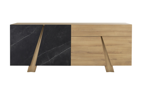 Buffet 4 portes 1 tiroir effet chêne et marbre noir design