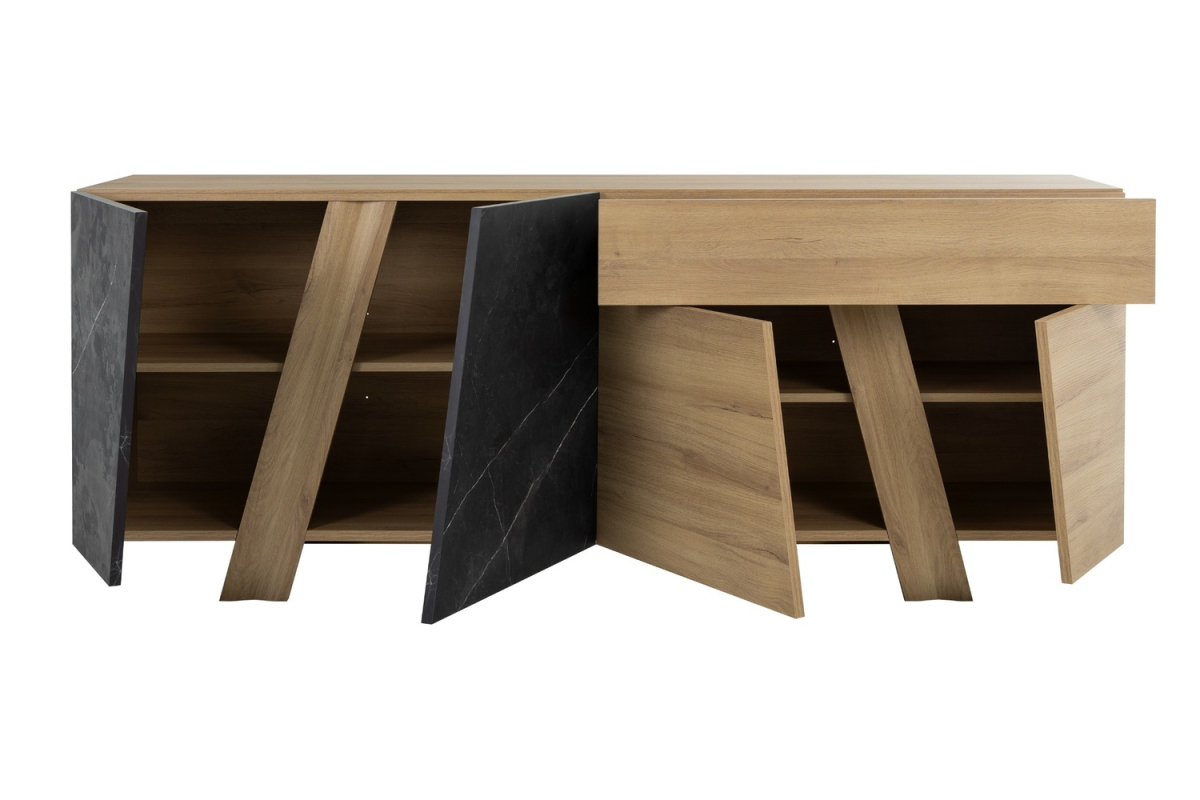 Buffet 4 portes 1 tiroir effet chêne et marbre noir design