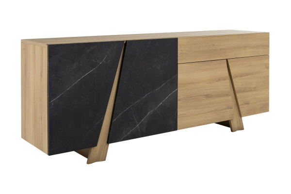 Buffet 4 portes 1 tiroir effet chêne et marbre noir design