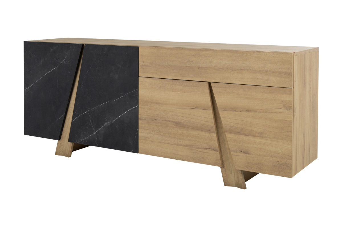 Buffet 4 portes 1 tiroir effet chêne et marbre noir design