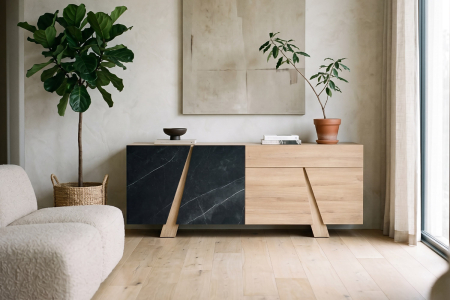 Buffet 4 portes 1 tiroir effet chêne et marbre noir design