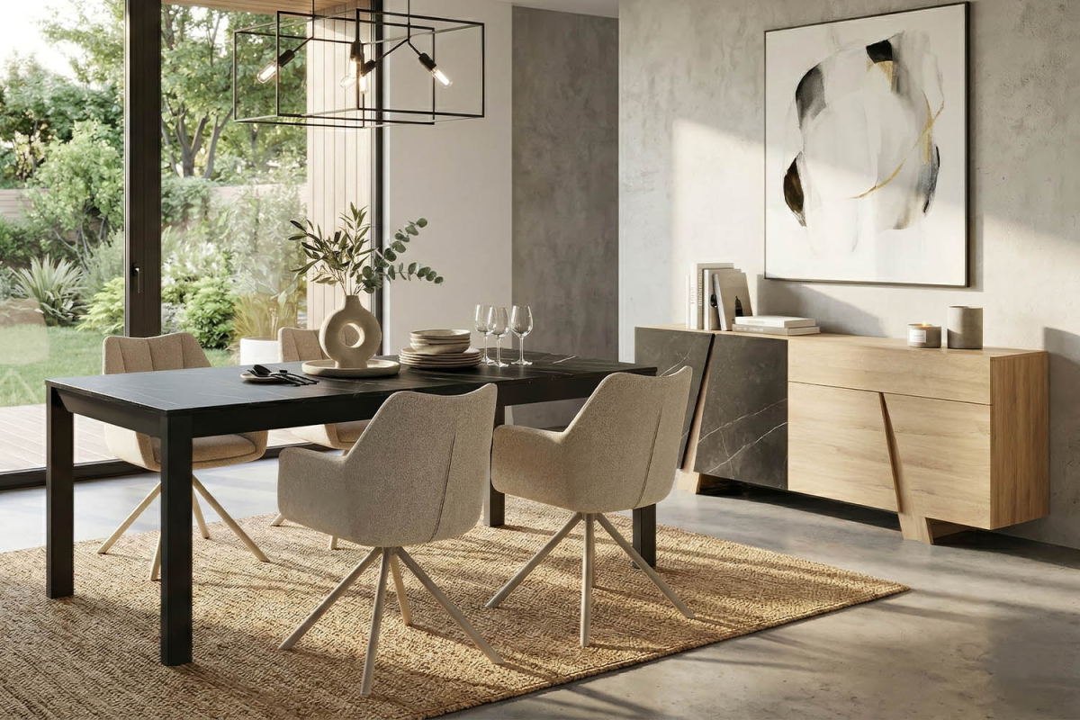 Buffet 4 portes 1 tiroir effet chêne et marbre noir design