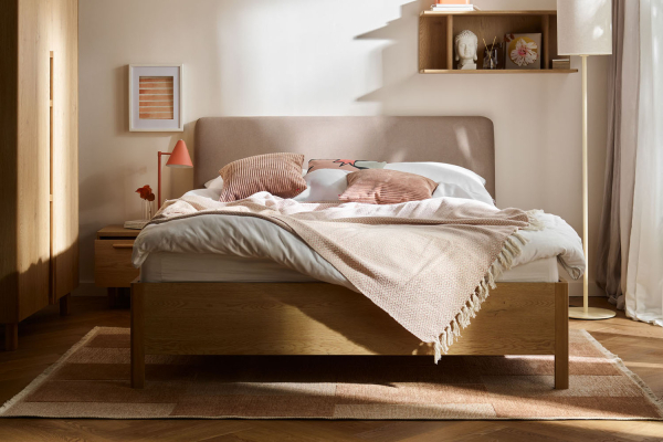 Lit coffre avec tête de lit tissu Alba