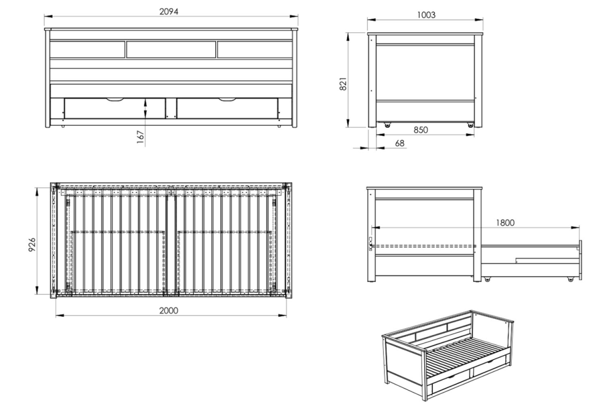 Lit gigogne Alma | Lit banquette en bois blanc FSC