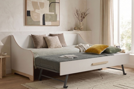 Lit gigogne banquette 90x190cm | Blanc et bois, fabriqué en France