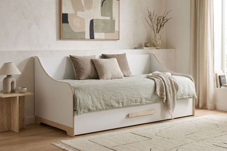Lit gigogne banquette 90x190cm | Blanc et bois, fabriqué en France