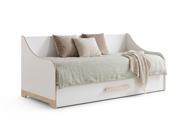 Lit gigogne banquette 90x190cm | Blanc et bois, fabriqué en France