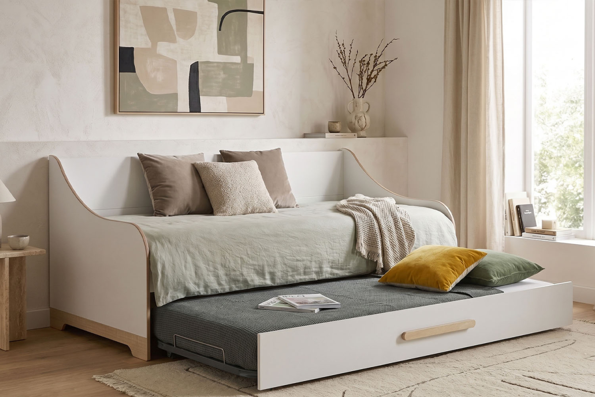 Lit gigogne banquette 90x190cm | Blanc et bois, fabriqué en France