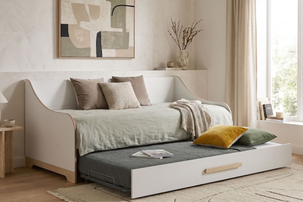 Lit gigogne banquette 90x190cm | Blanc et bois, fabriqué en France