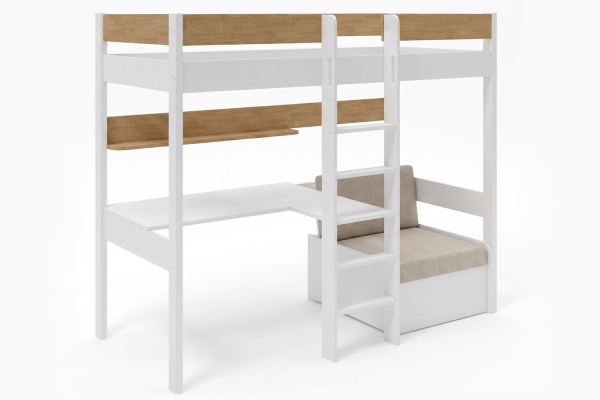 Lit mezzanine 1 place en bois massif avec bureau et fauteuil Auren