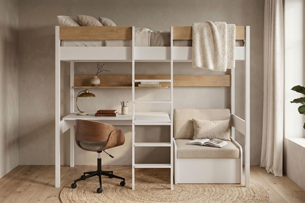 Lit mezzanine 1 place en bois massif avec bureau et fauteuil Auren