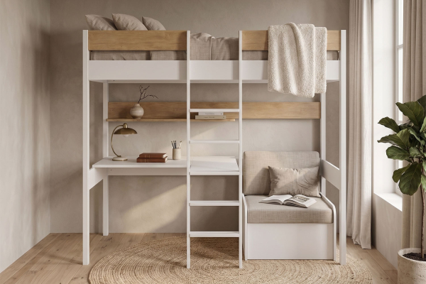 Lit mezzanine 1 place en bois massif avec bureau et fauteuil Auren