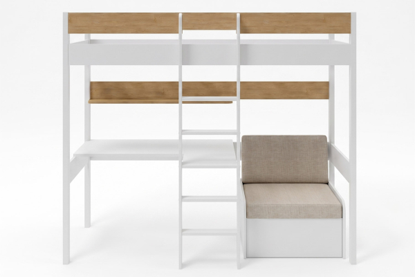 Lit mezzanine 1 place en bois massif avec bureau et fauteuil Auren