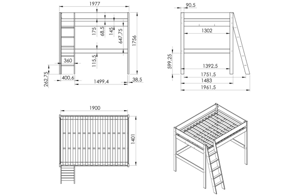 Lit mezzanine 2 places Rimini 140x190 | Pin massif blanc FSC