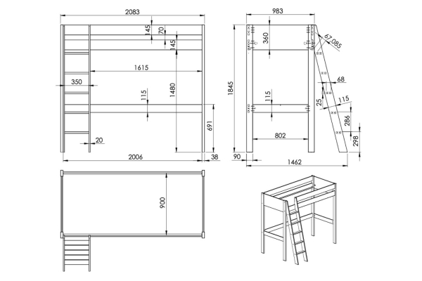 Lit mezzanine 1 place avec bureau en pin massif Rimini