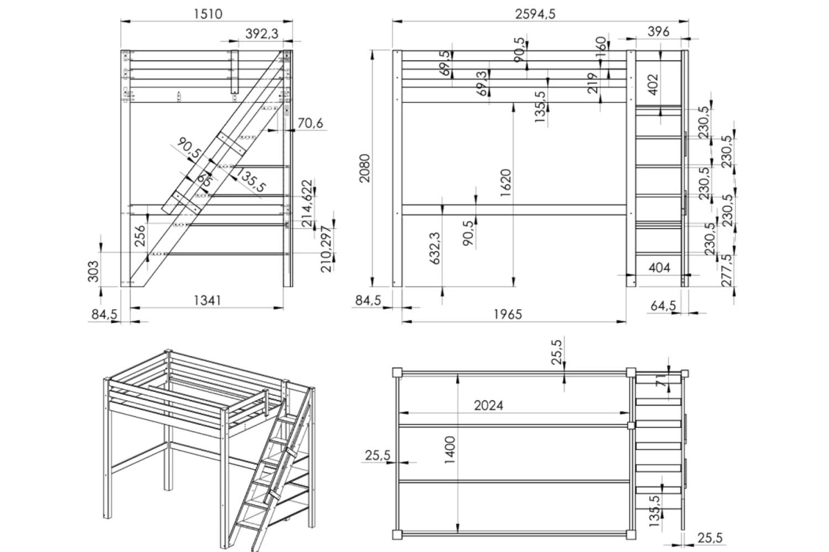 Lit mezzanine 2 places avec escalier en pin massif 140x200