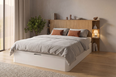 Lit coffre 160x200 blanc avec tête de lit Milla | 100% français