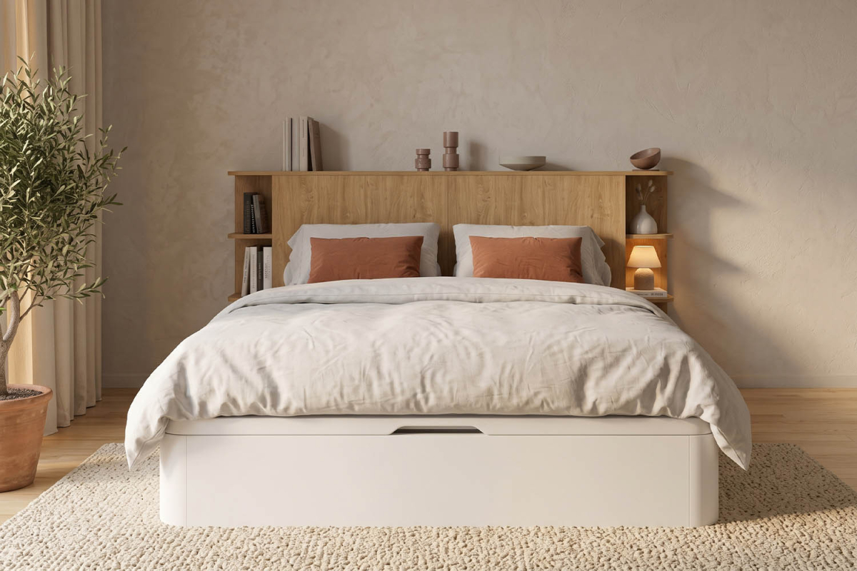 Lit coffre 160x200 blanc avec tête de lit Milla | 100% français