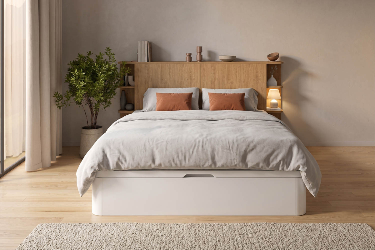 Lit coffre 160x200 blanc avec tête de lit Milla | 100% français